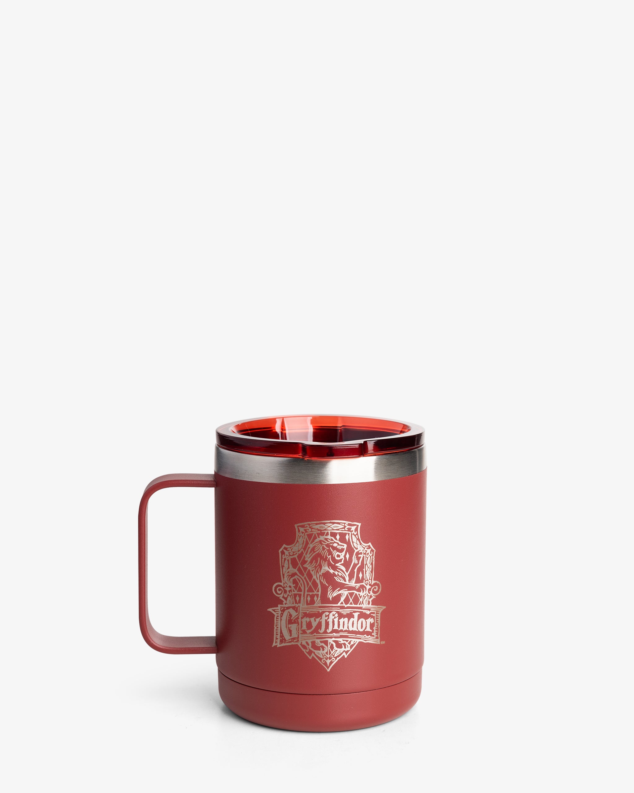 A red insulated coffee mug with Gryffindor house emblem from Harry Potter series, featuring a drink-through lid and a handle.