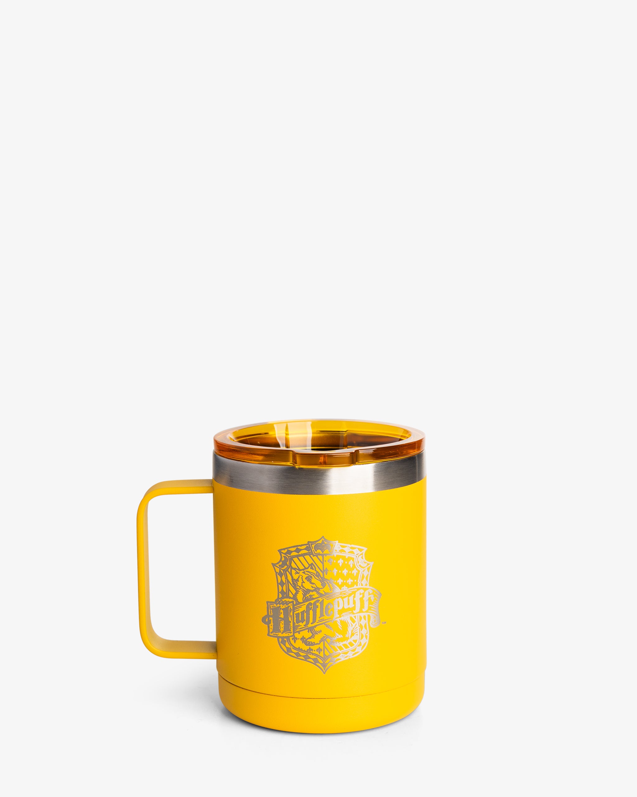 A yellow insulated coffee mug with the Hufflepuff house colors and crest from the Harry Potter series.
