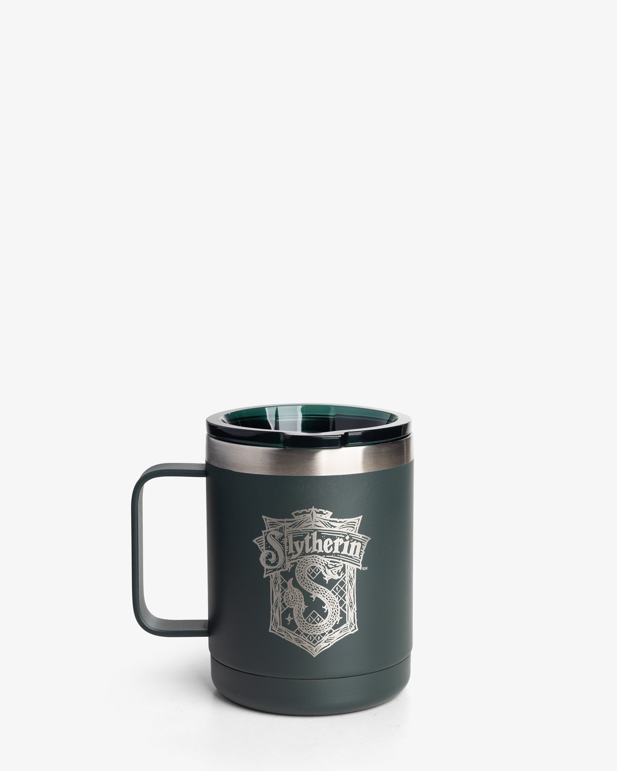An insulated coffee mug with Slytherin house colors and crest from Harry Potter, with a stainless steel handle and a drink-through lid.