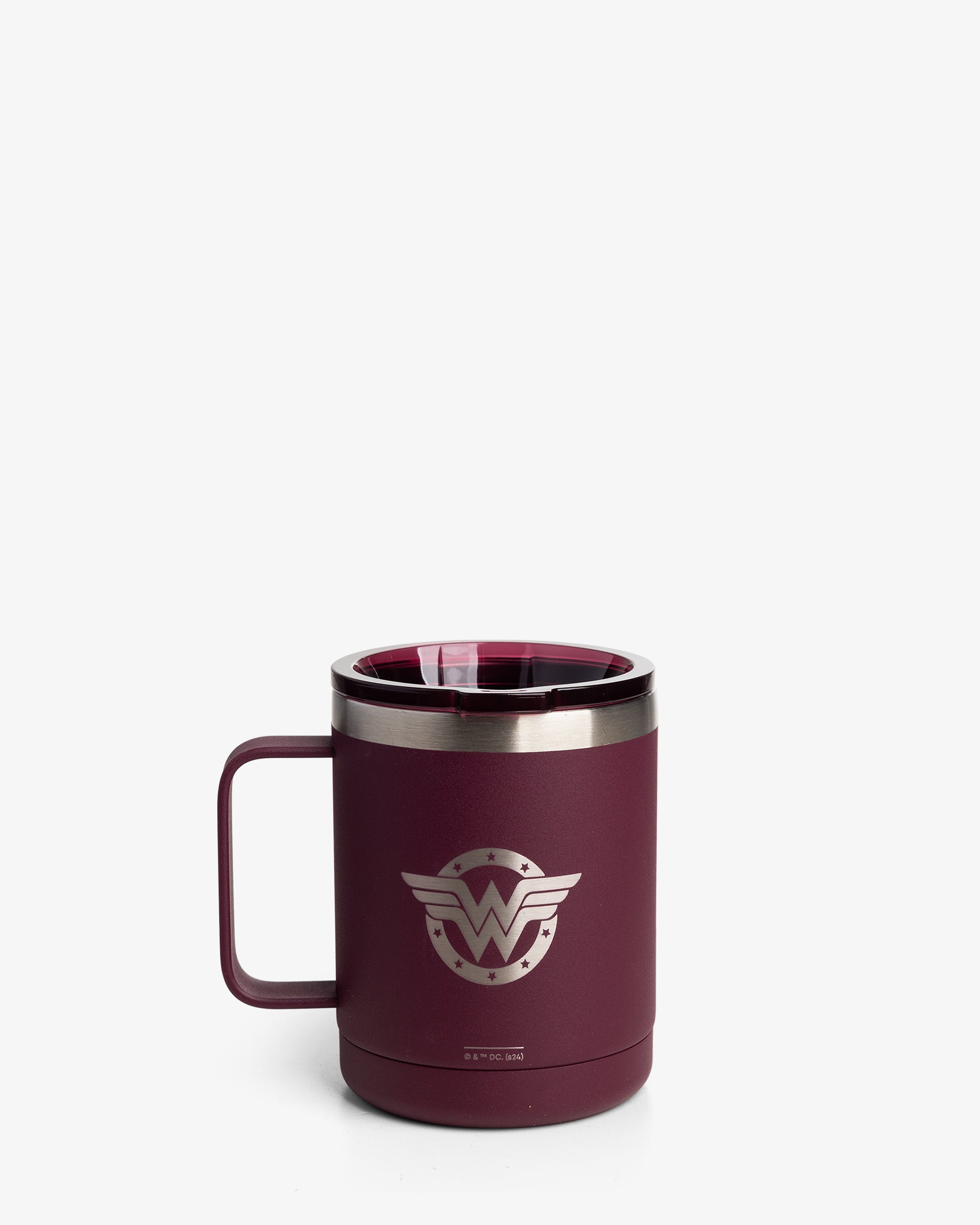 A red insulated coffee mug with the Wonder Woman symbol on the side.