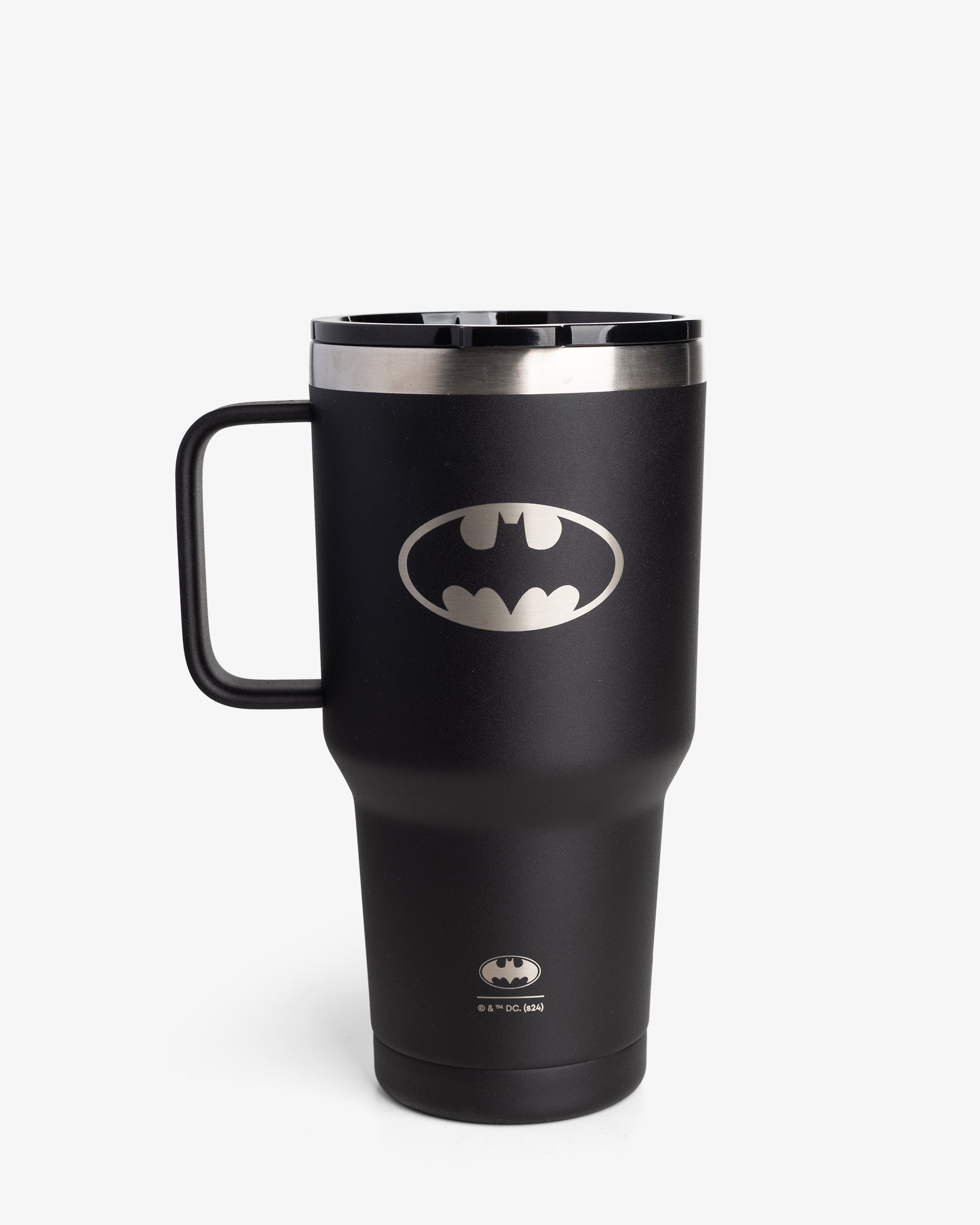 A black insulated nomad tumbler with the Batman logo on the side.