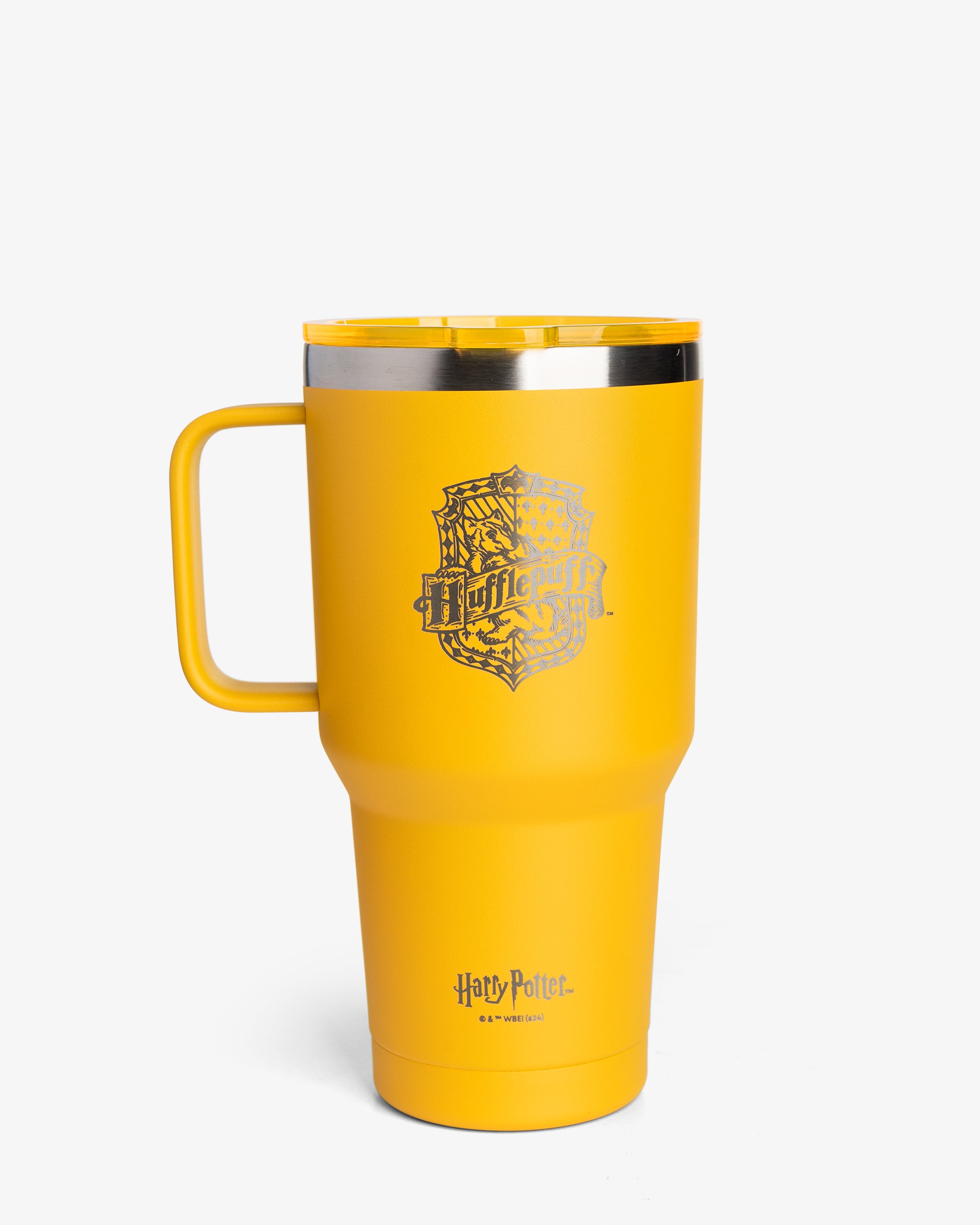 A yellow insulated nomad tumbler with Hufflepuff house colors and emblem from Harry Potter series.