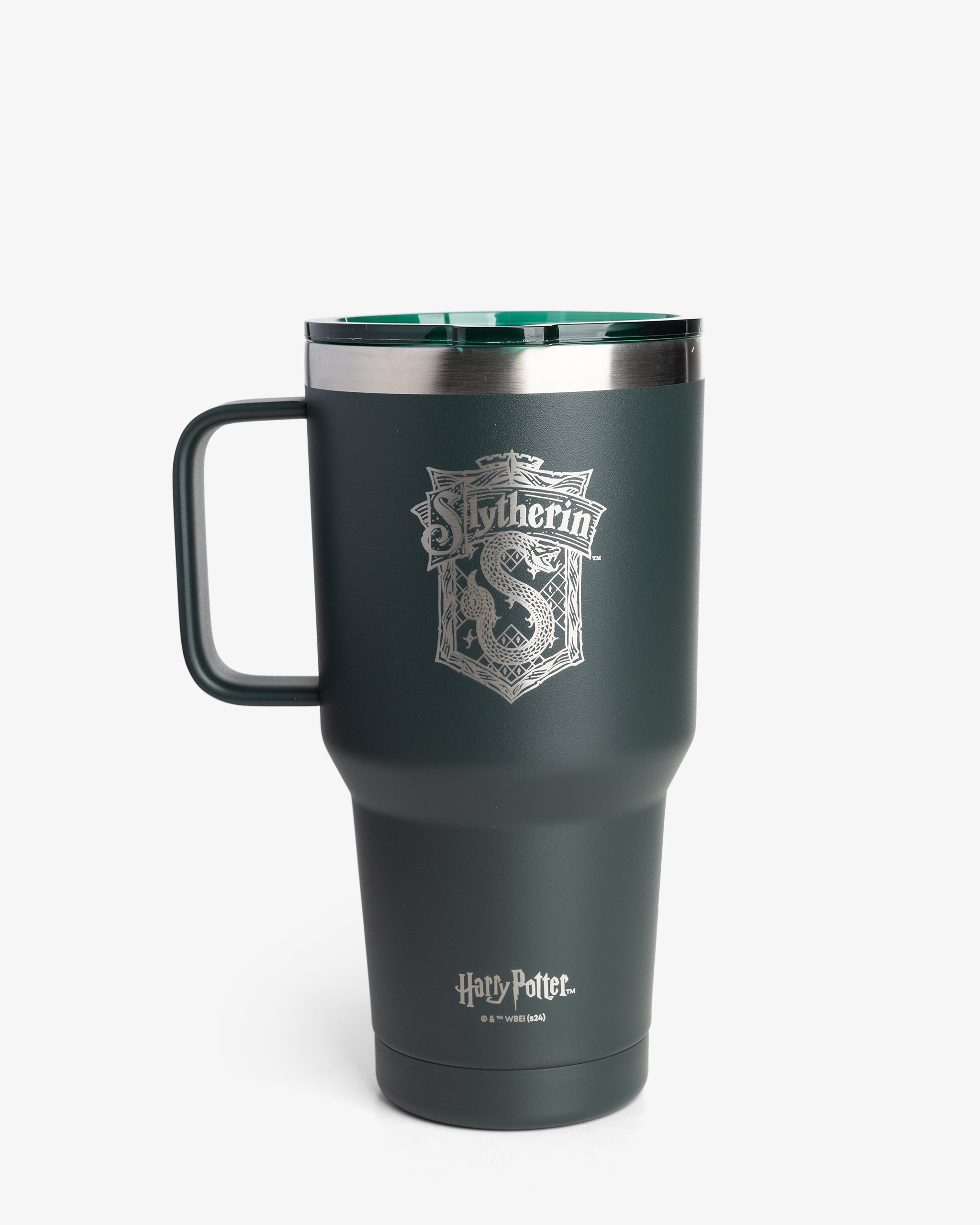 A green insulated nomad tumbler with the Slytherin house crest from Harry Potter series.