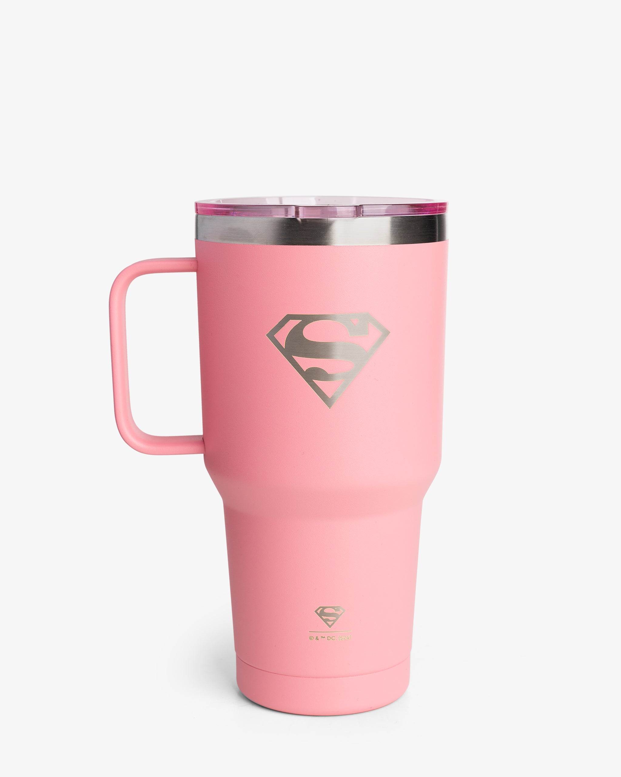 A pink insulated tumbler with a flared design and a Supergirl logo on the side.