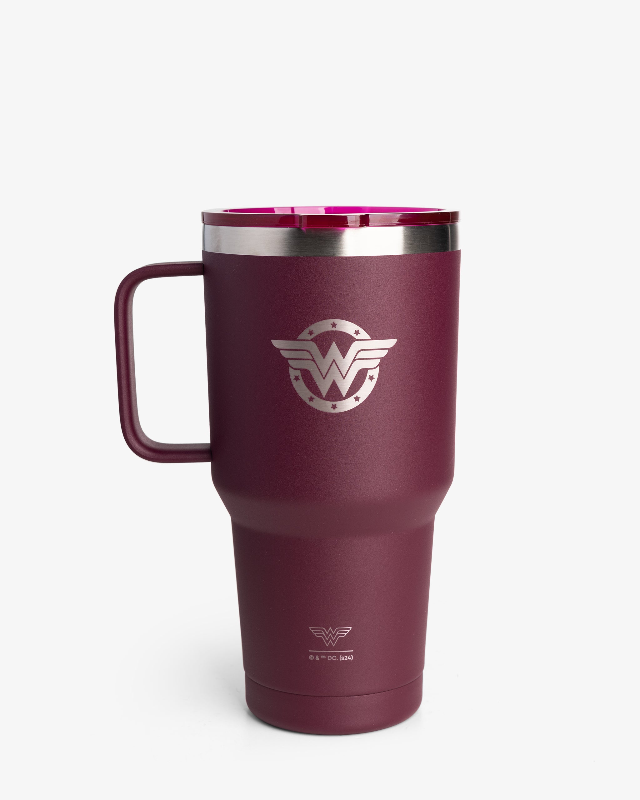 A maroon-colored insulated tumbler with the Wonder Woman symbol on the front.