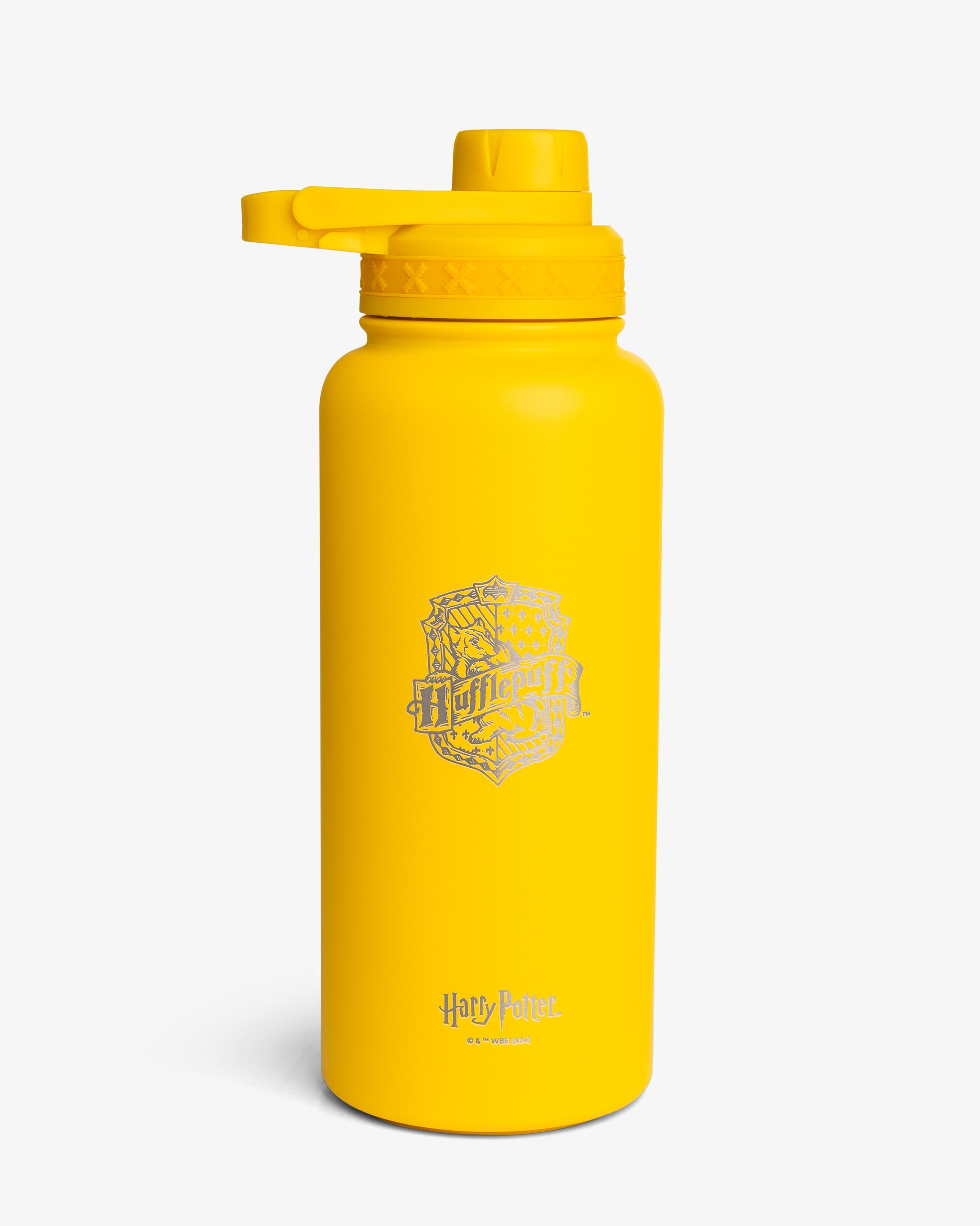 A yellow stainless steel insulated sports bottle with a Hufflepuff house crest from Harry Potter, featuring a chug lid and loop handle.