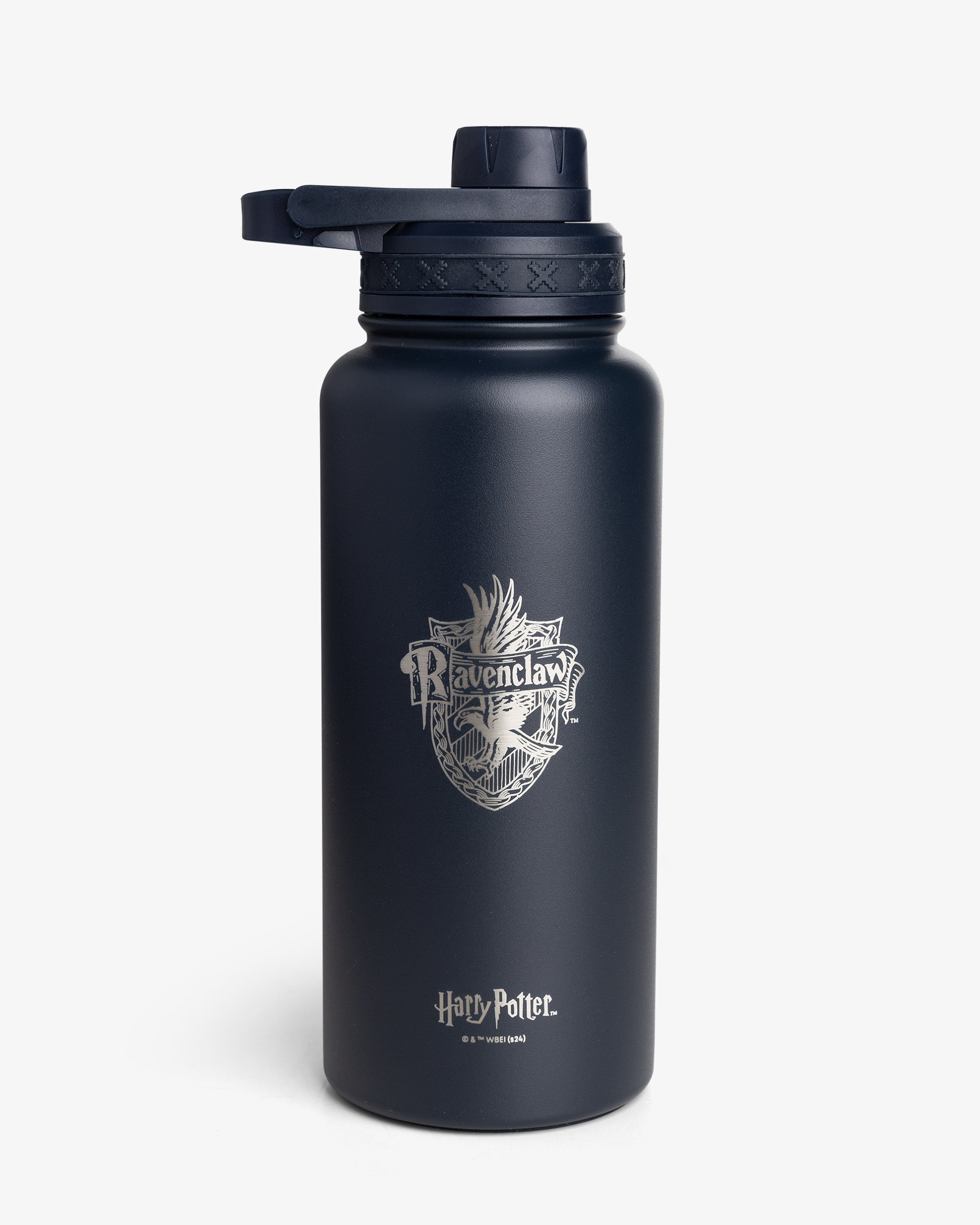 A black insulated sports bottle with the Harry Potter Ravenclaw house crest printed on the front.