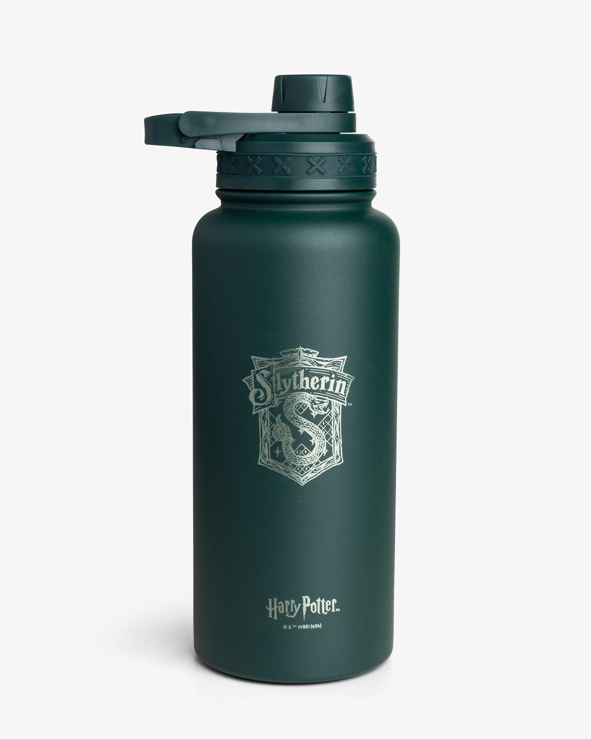 A green stainless steel insulated sports bottle with the Slytherin house crest from Harry Potter.