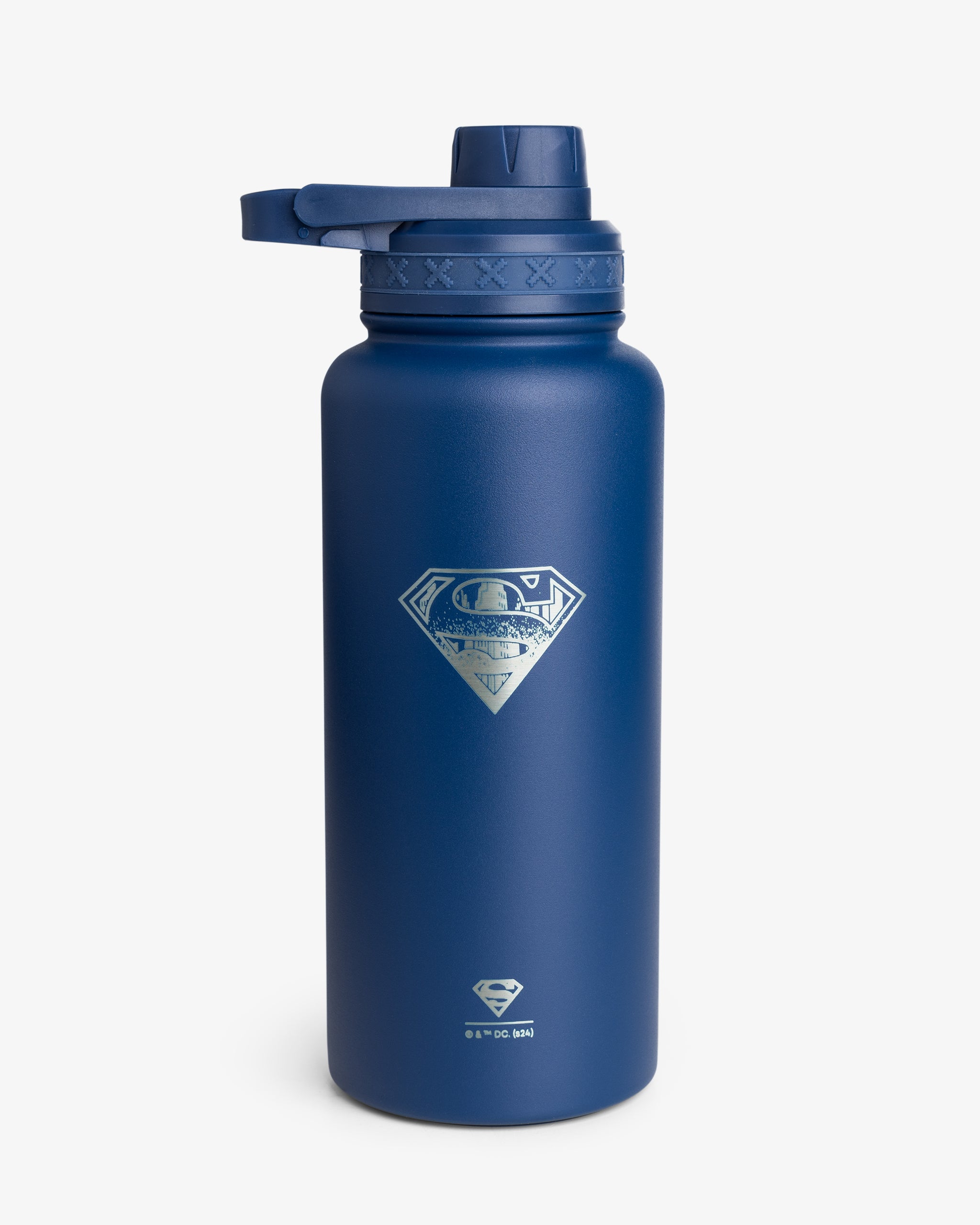 A dark blue insulated sports bottle with a Superman logo and a skyline silhouette.