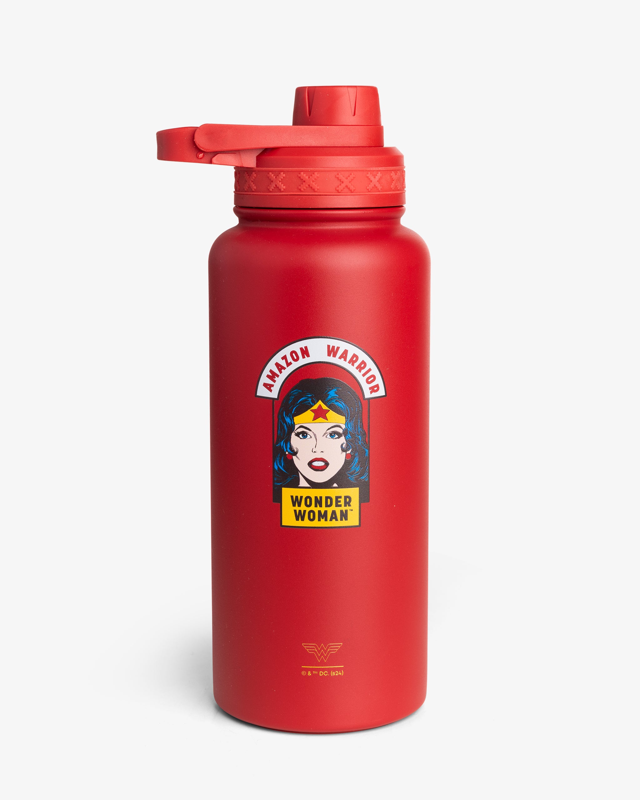 A red insulated sports bottle with a graphic of Wonder Woman and the text 'Amazon Warrior'.