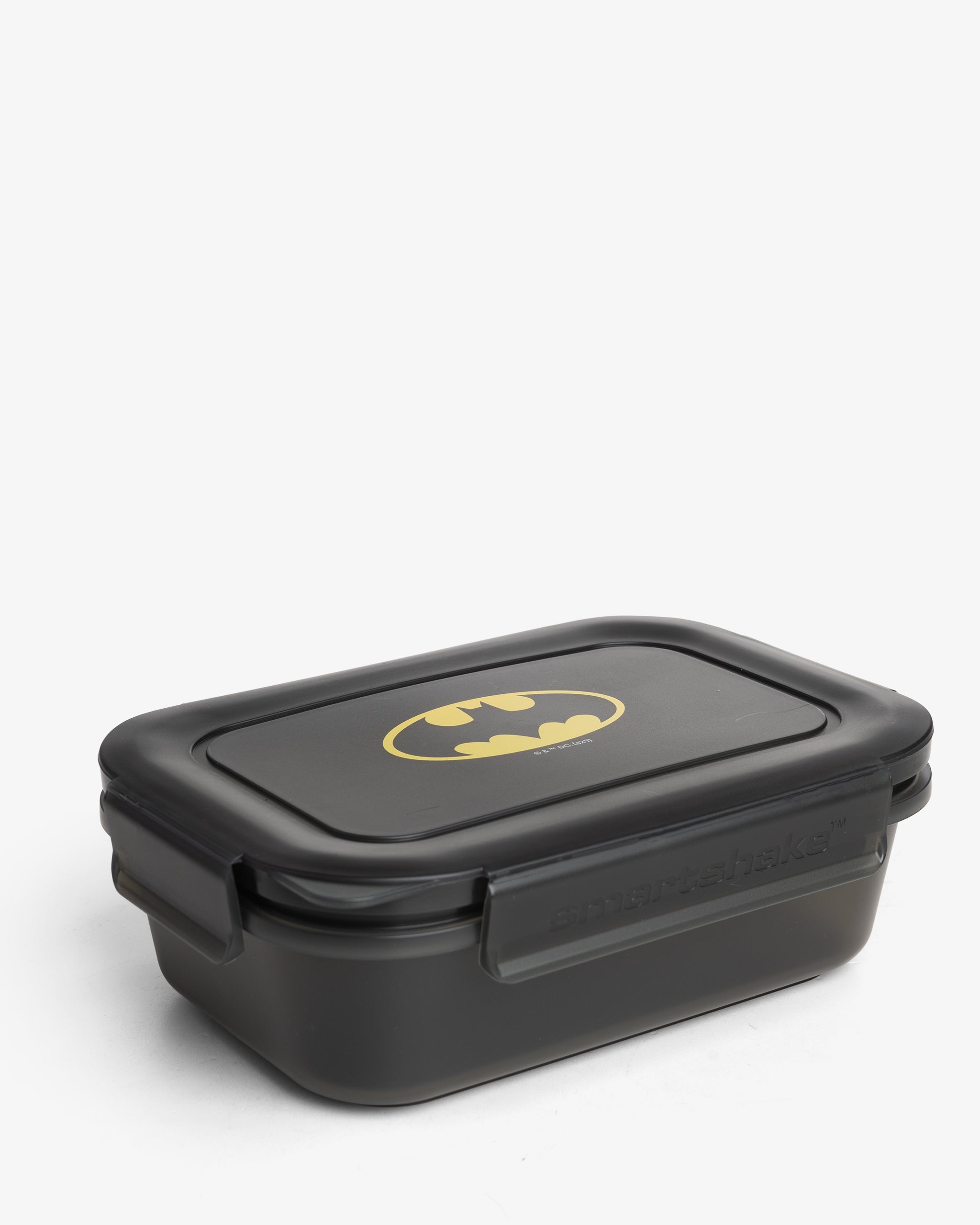 A black food storage container with the Batman logo on the lid.