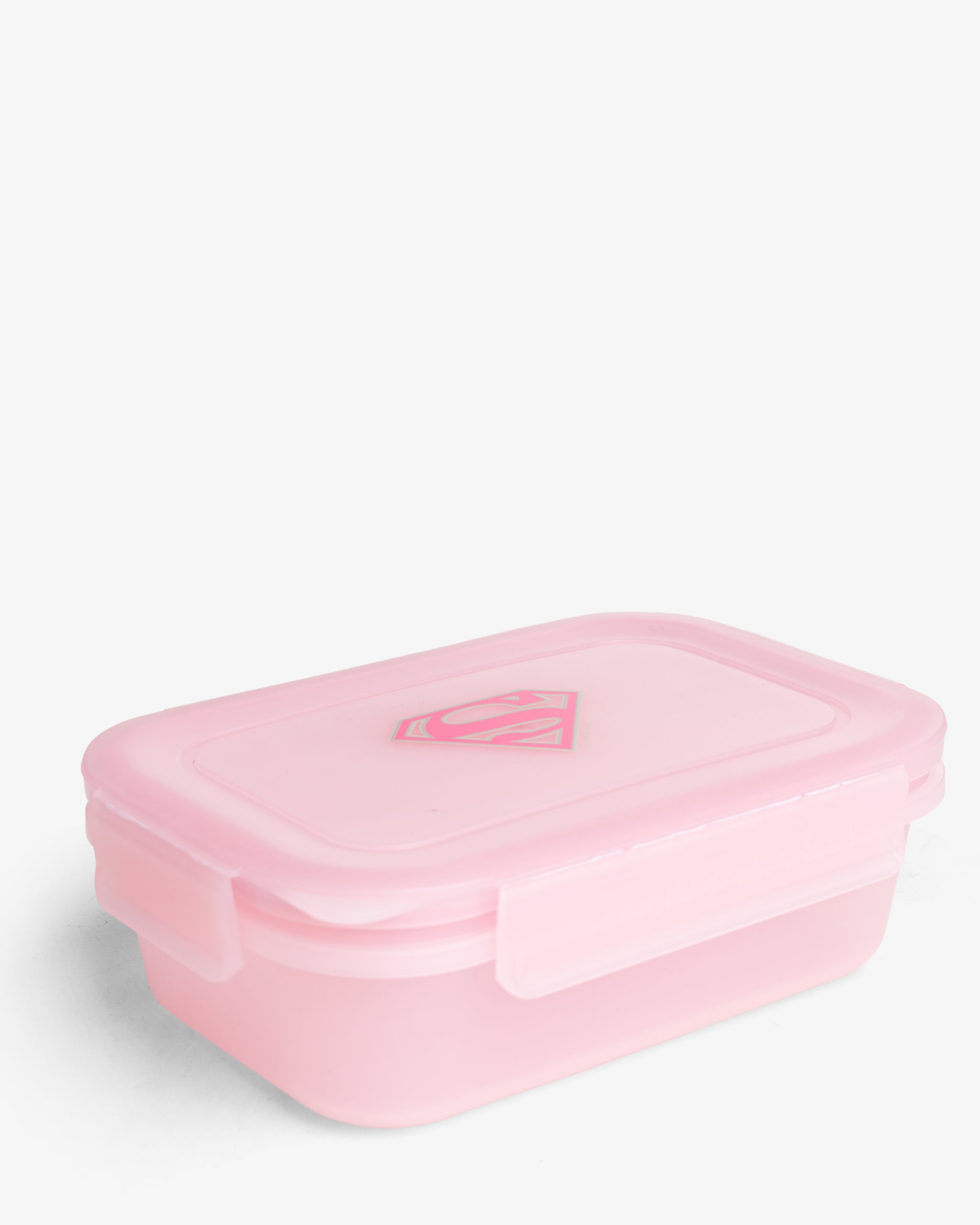A pink rectangular food storage container with a locking handle and a removable silicone lining. Supergirl logo