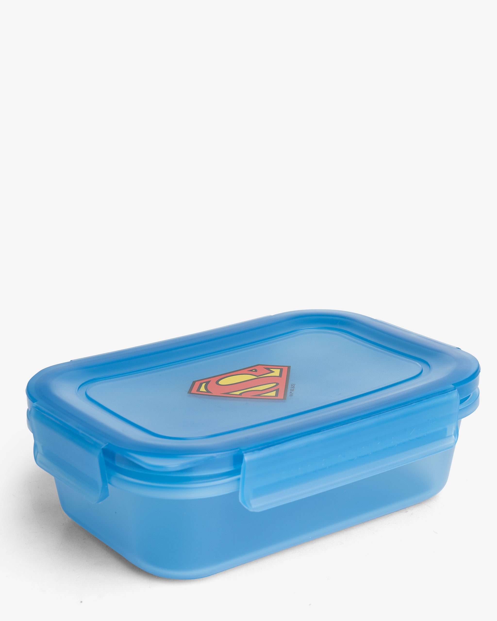 A blue rectangular food storage container with a Superman logo on the lid.