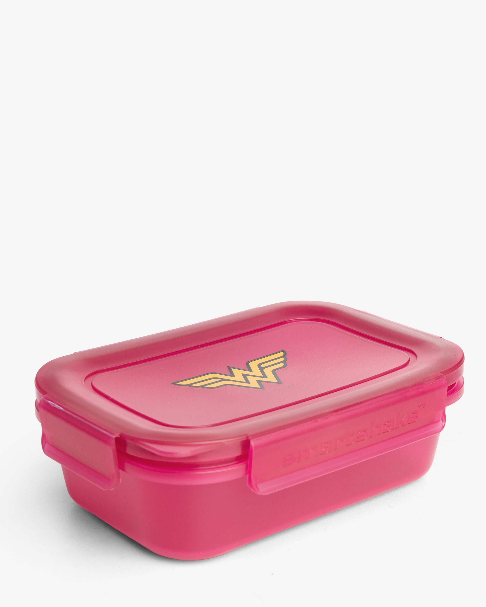 A pink rectangular food storage container with a Wonder Woman logo on the lid.