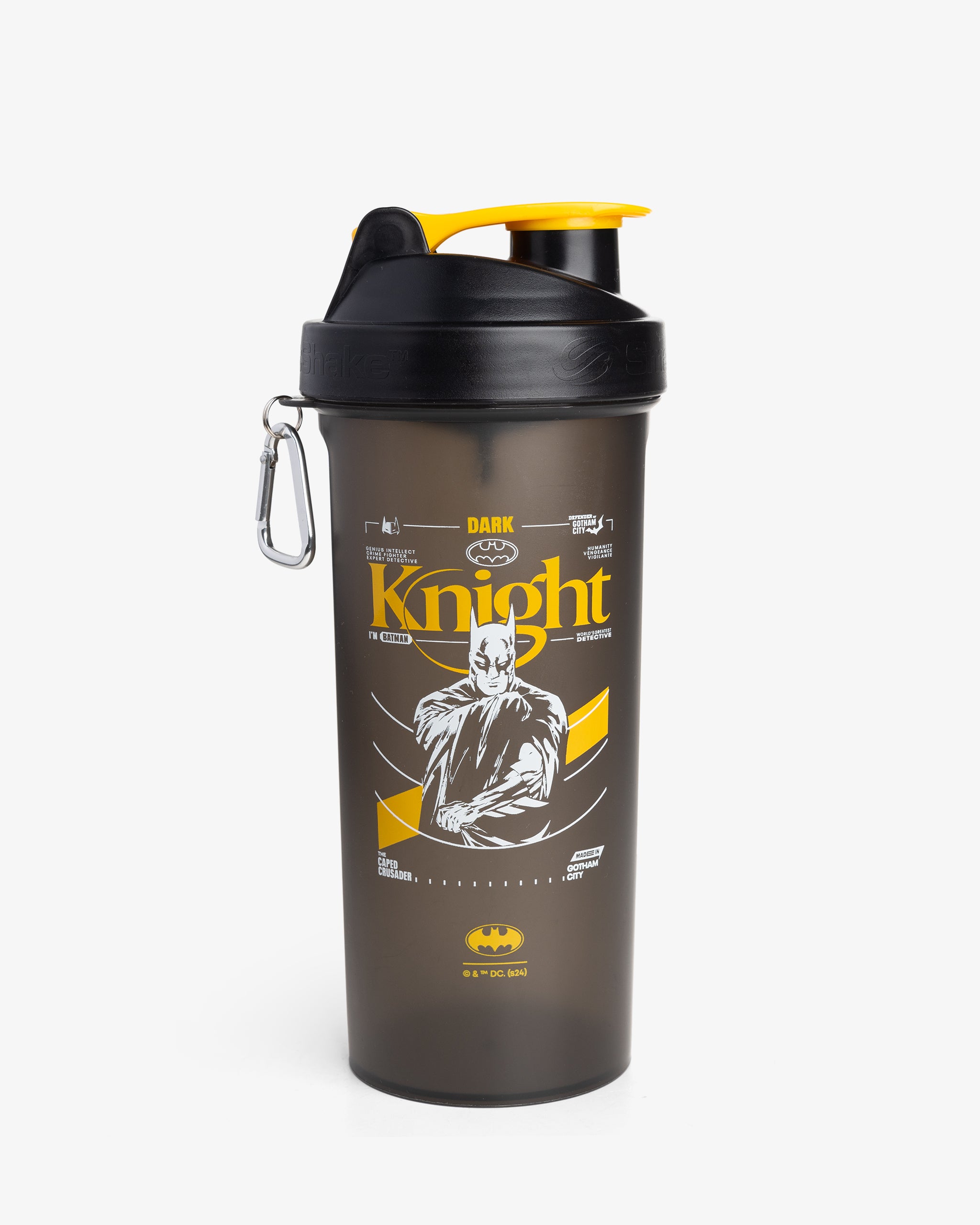 A black shaker bottle with a yellow cap featuring a bold graphic of Batman in a dynamic pose with the text 'KNIGHT' and the Batman logo.