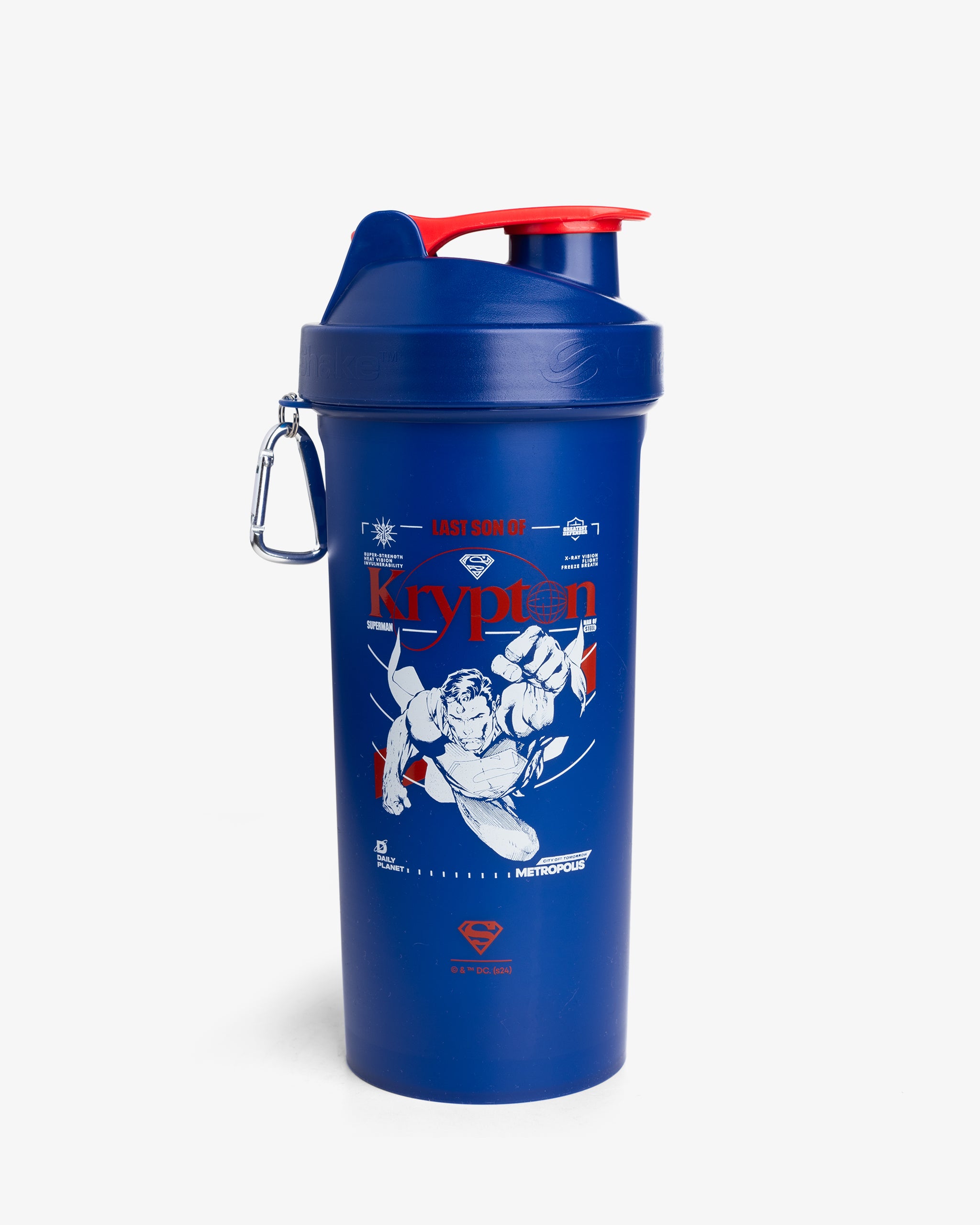 A blue shaker bottle with a red lid and a graphic design of Superman in the center.