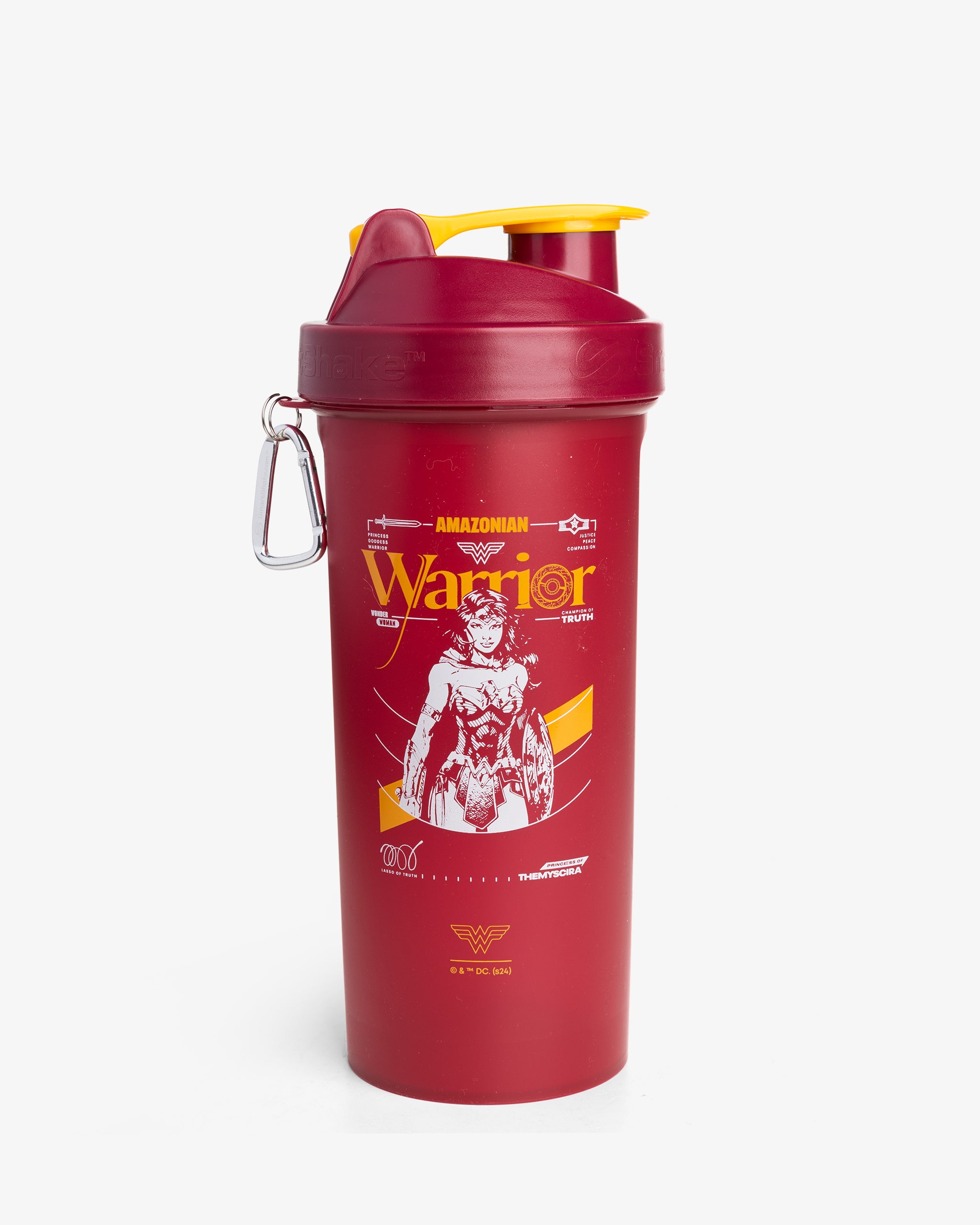 A red shaker bottle with a Wonder Woman graphic design, featuring a strap for holding, and a yellow lid.