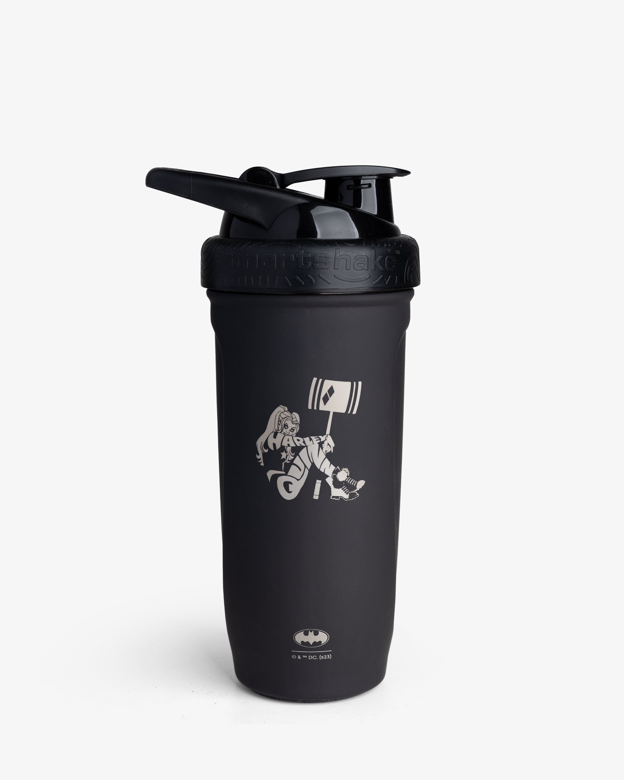 A black stainless steel shaker bottle with a graphic of Harley Quinn on it, equipped with a flip-top lid and measurement markings inside.