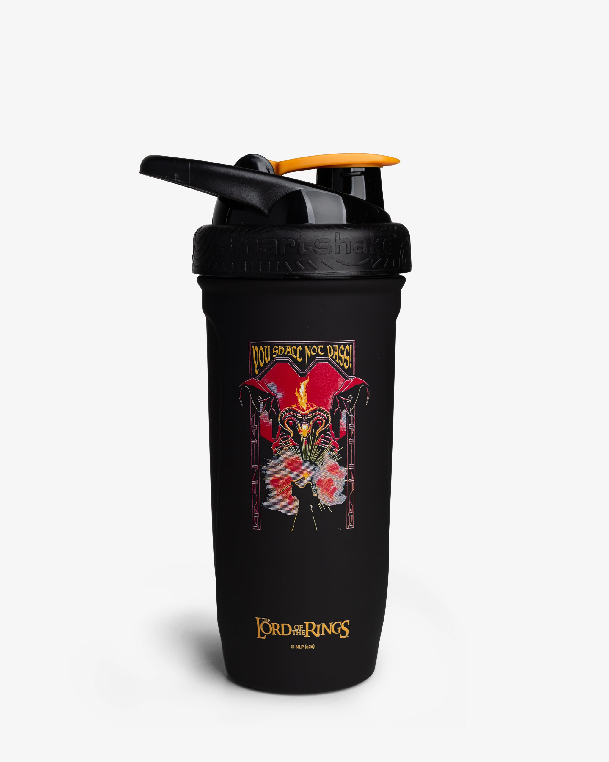 Black shaker bottle with 'The Lord of the Rings' design on a white background