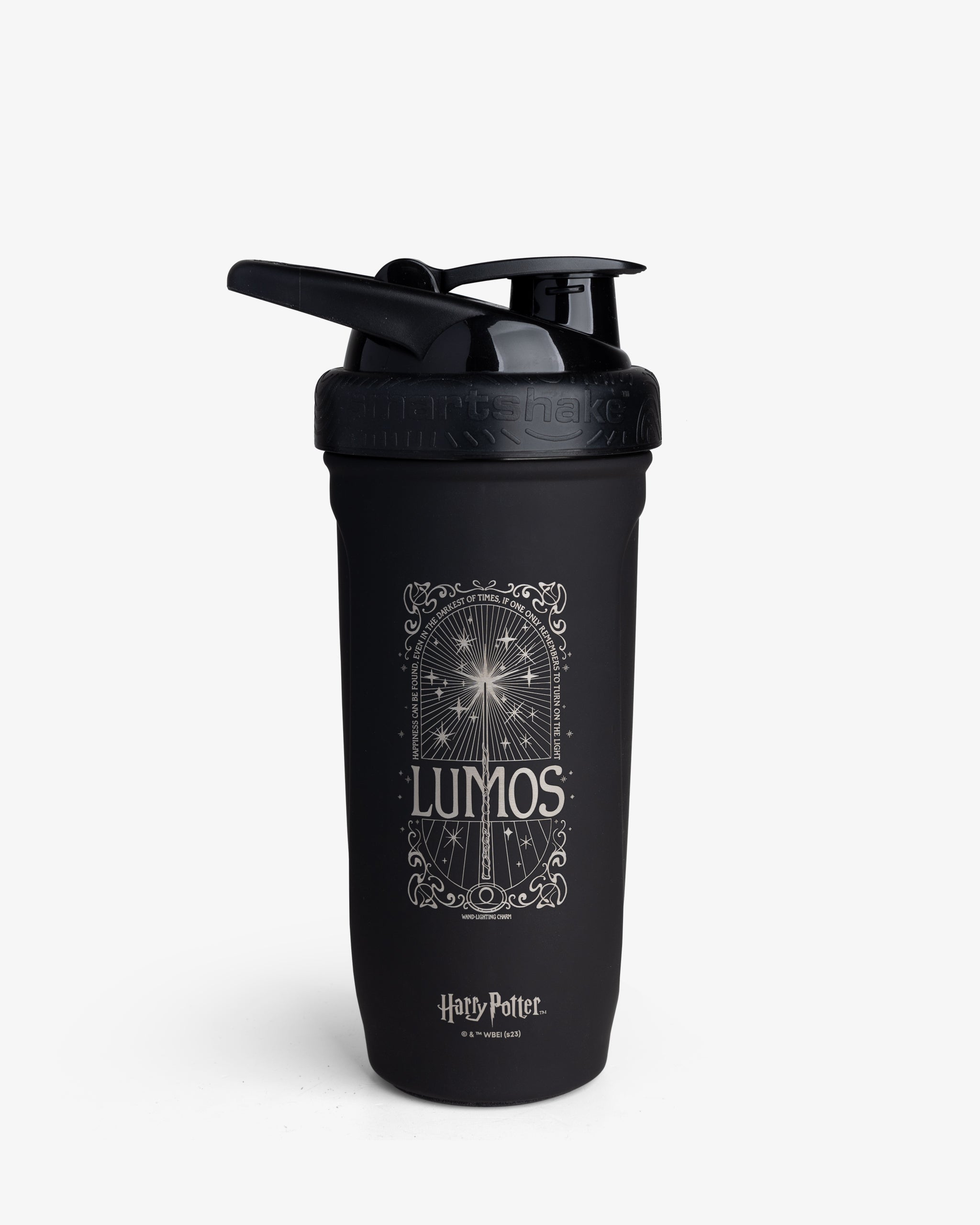 A black stainless steel water bottle with a 'LUMOS' text and Harry Potter-themed design on the label.