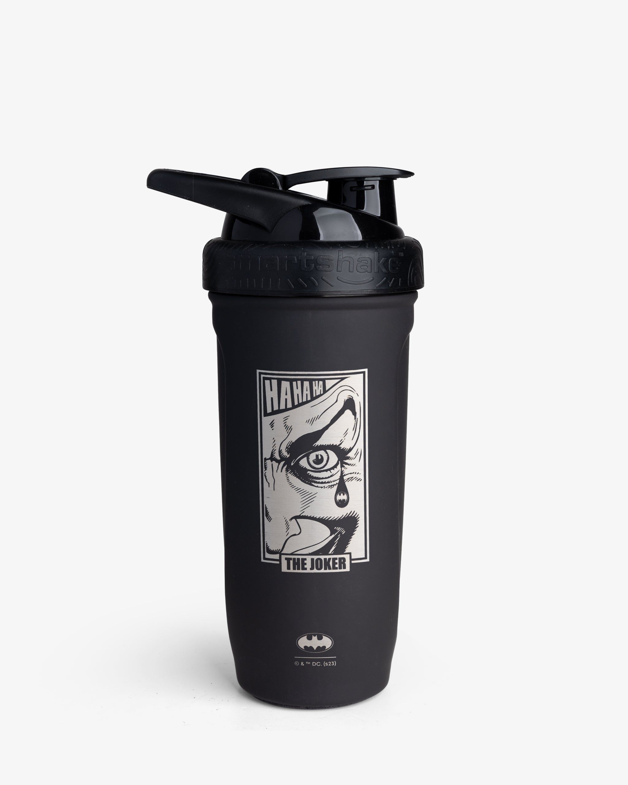 A black stainless steel shaker bottle with a graphic design of The Joker's face and the text 'HAHA' on it.