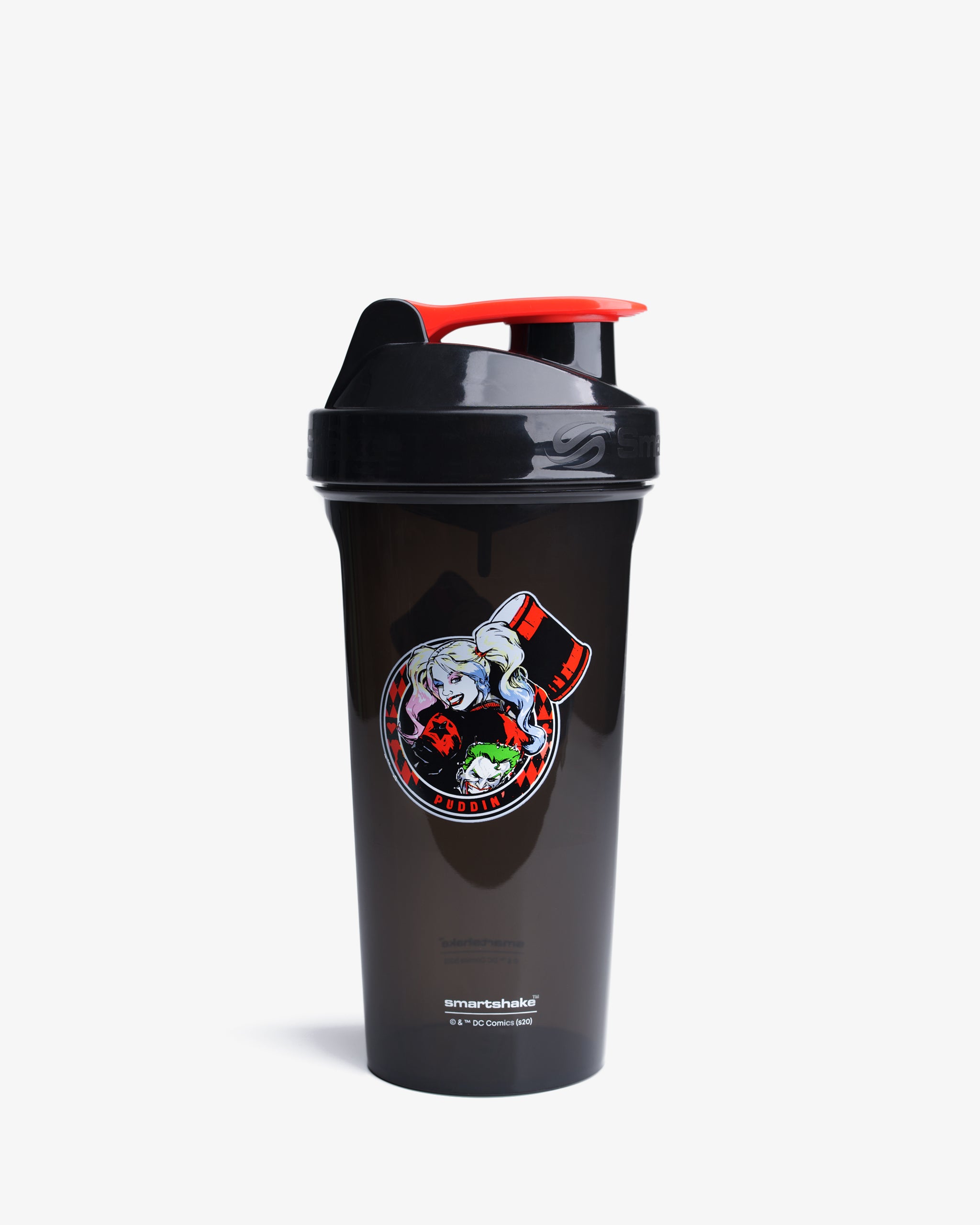 A black shaker bottle with a graphic of Harley Quinn on it, including a red flip-top lid.