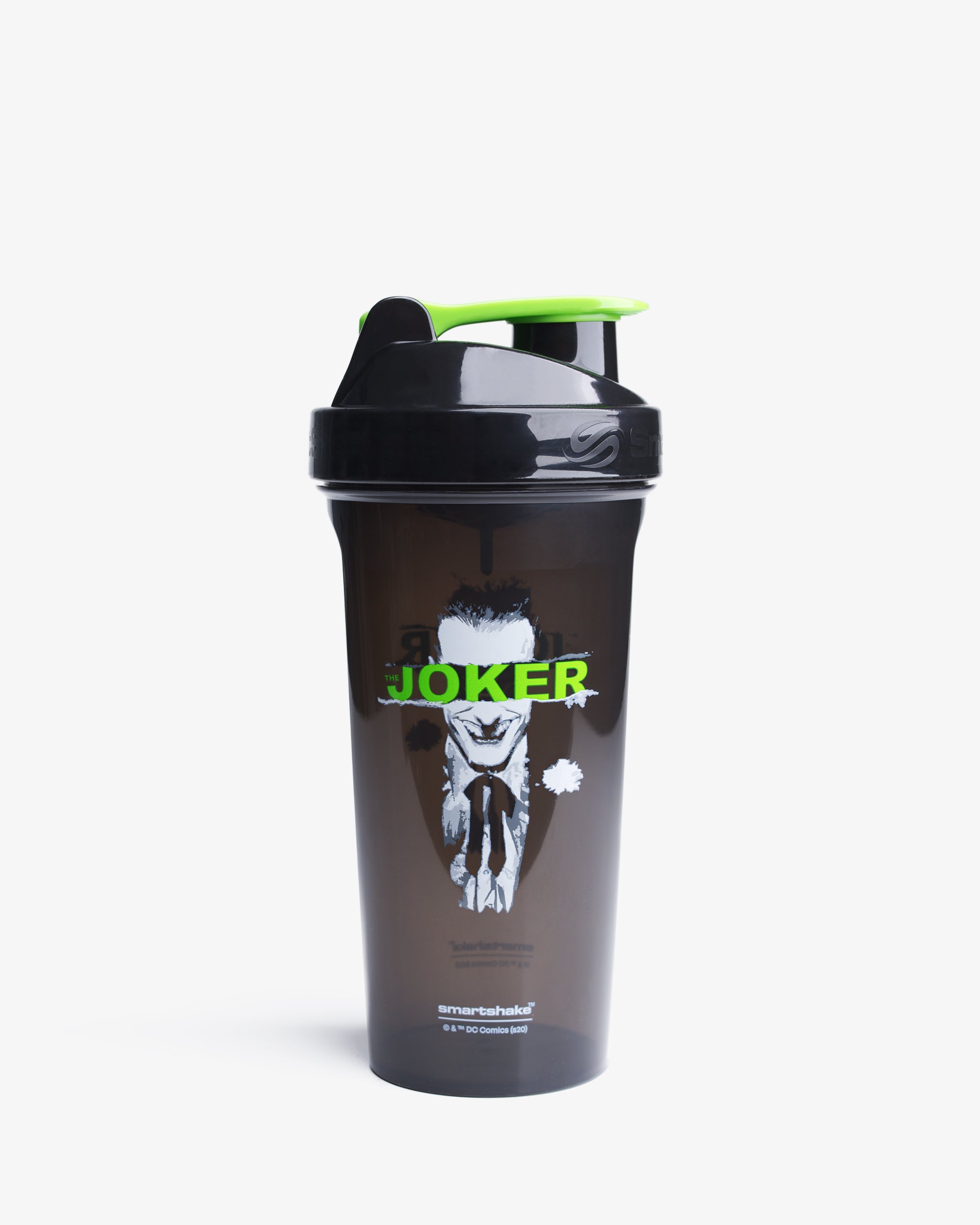 A black shaker bottle with a green lid, featuring a graphic print of the Joker character on the front.