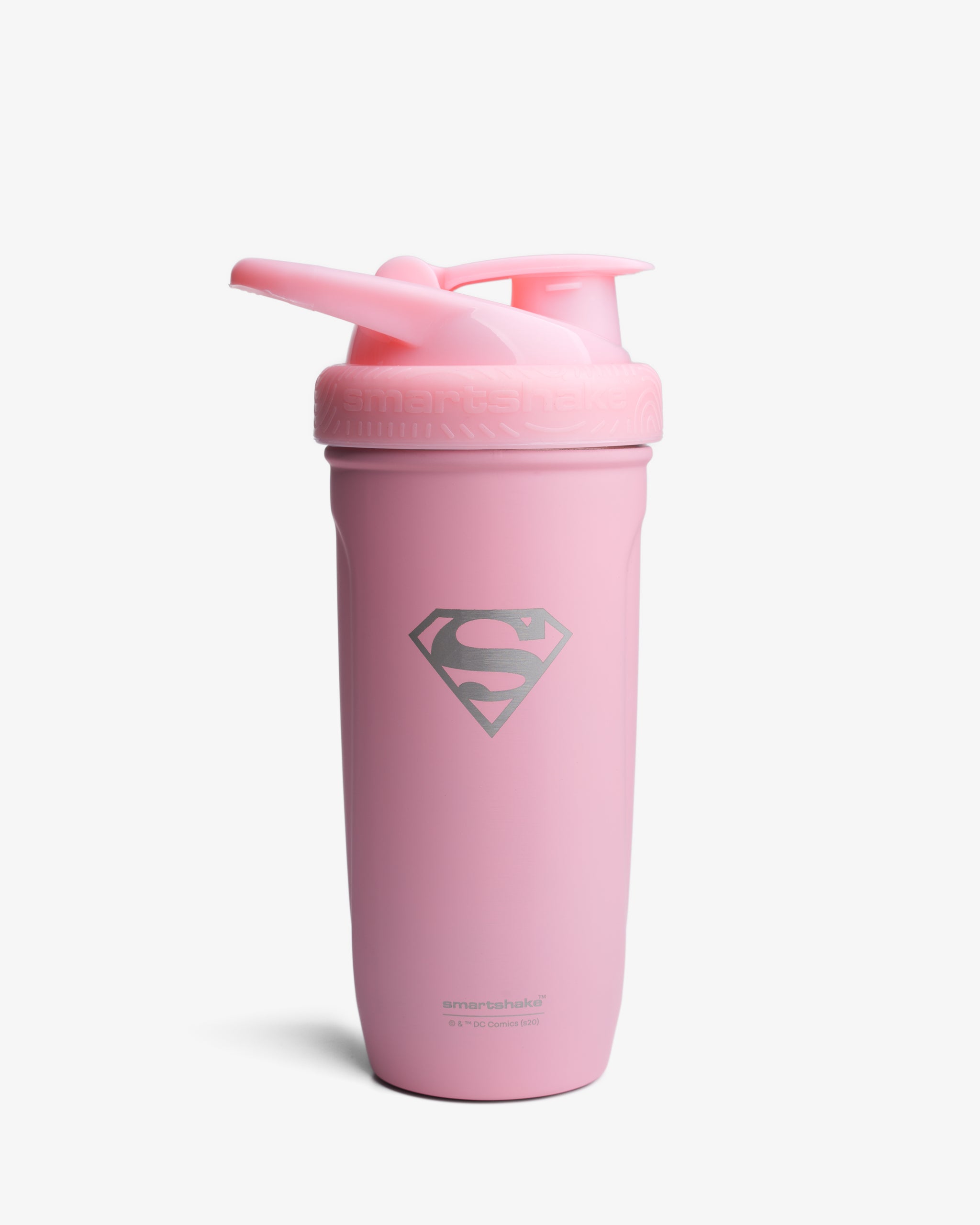A pink stainless steel shaker bottle with the Supergirl S logo in silver.