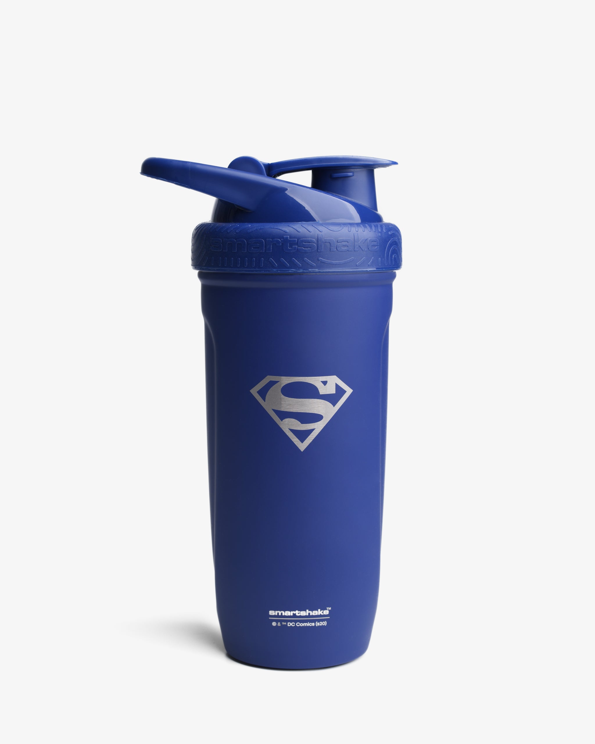 A blue stainless steel shaker bottle with a Superman logo on it, featuring a flip-top lid.