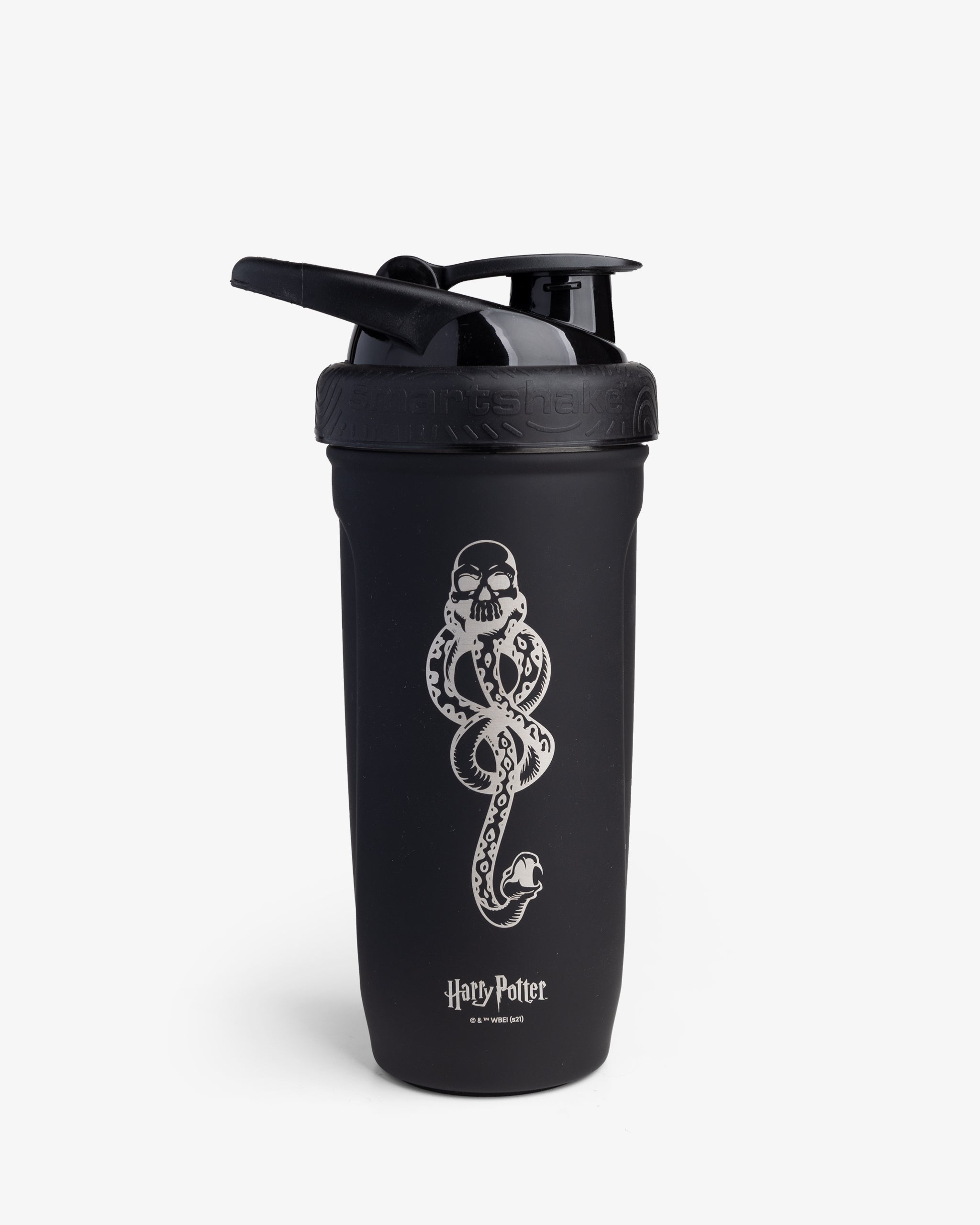 A black stainless steel shaker bottle with a white engraving of the Harry Potter Dark Mark.