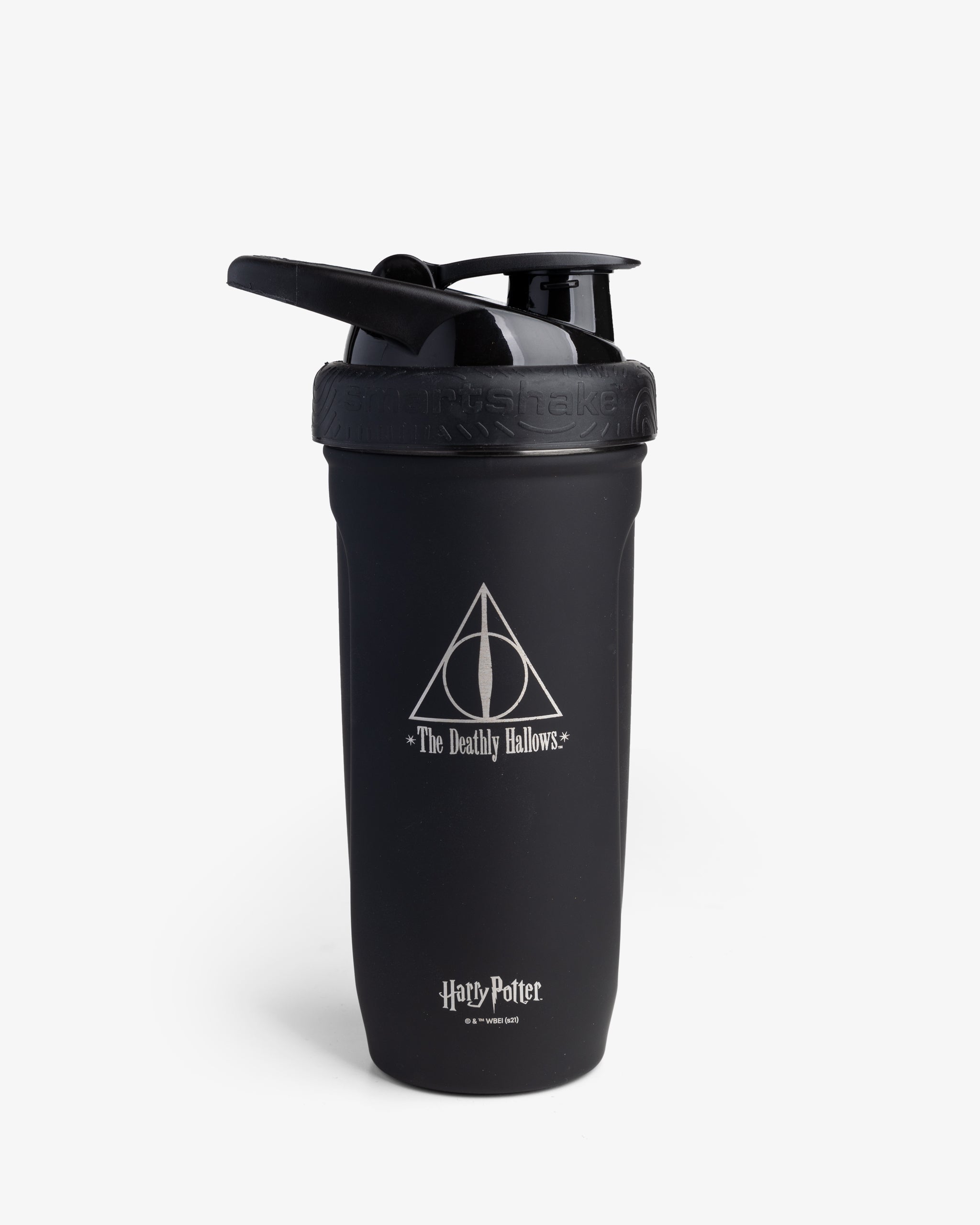 A black stainless steel shaker bottle with the 'Deathly Hallows' symbol from Harry Potter.