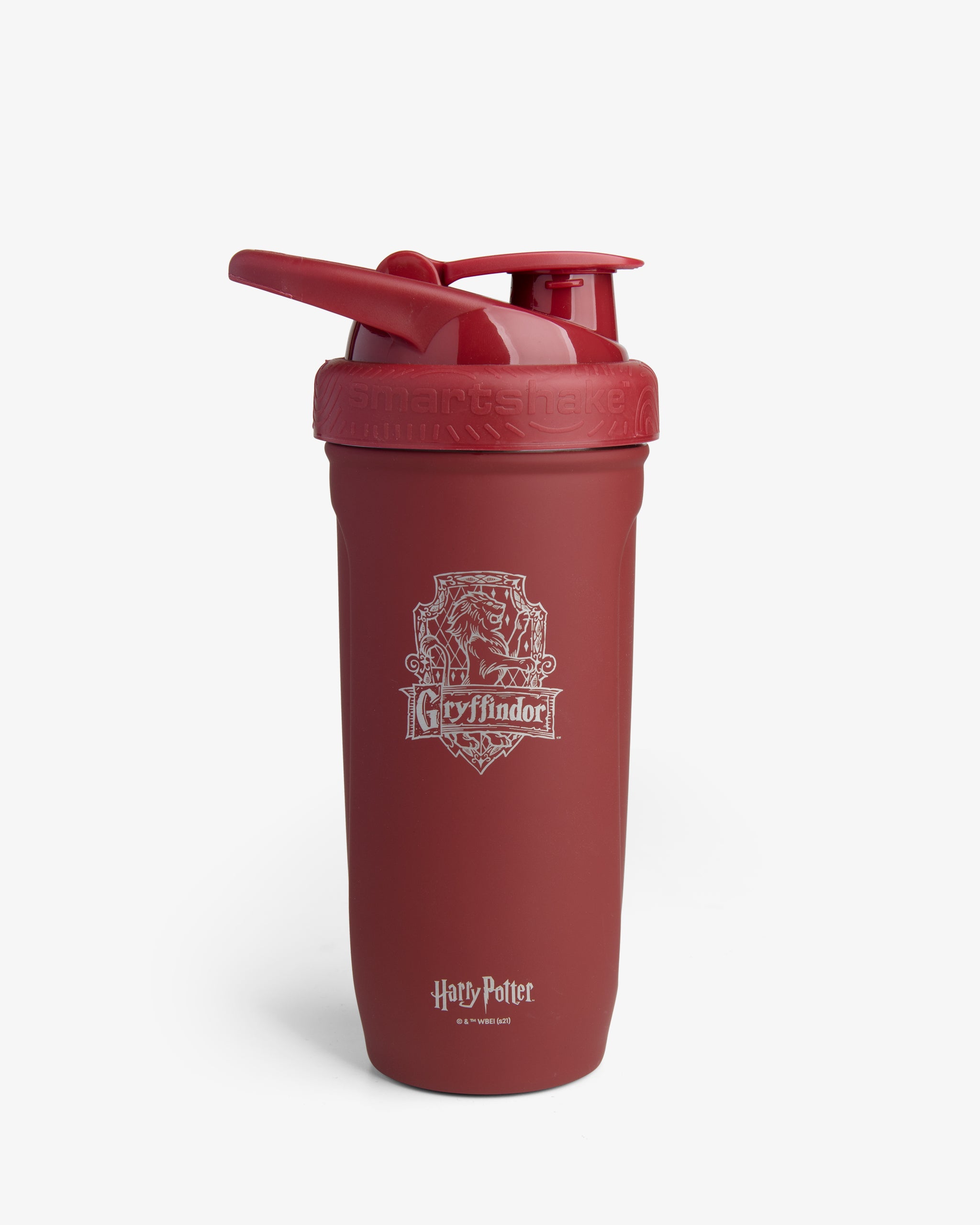 A red stainless steel shaker bottle with the Gryffindor house crest from Harry Potter.