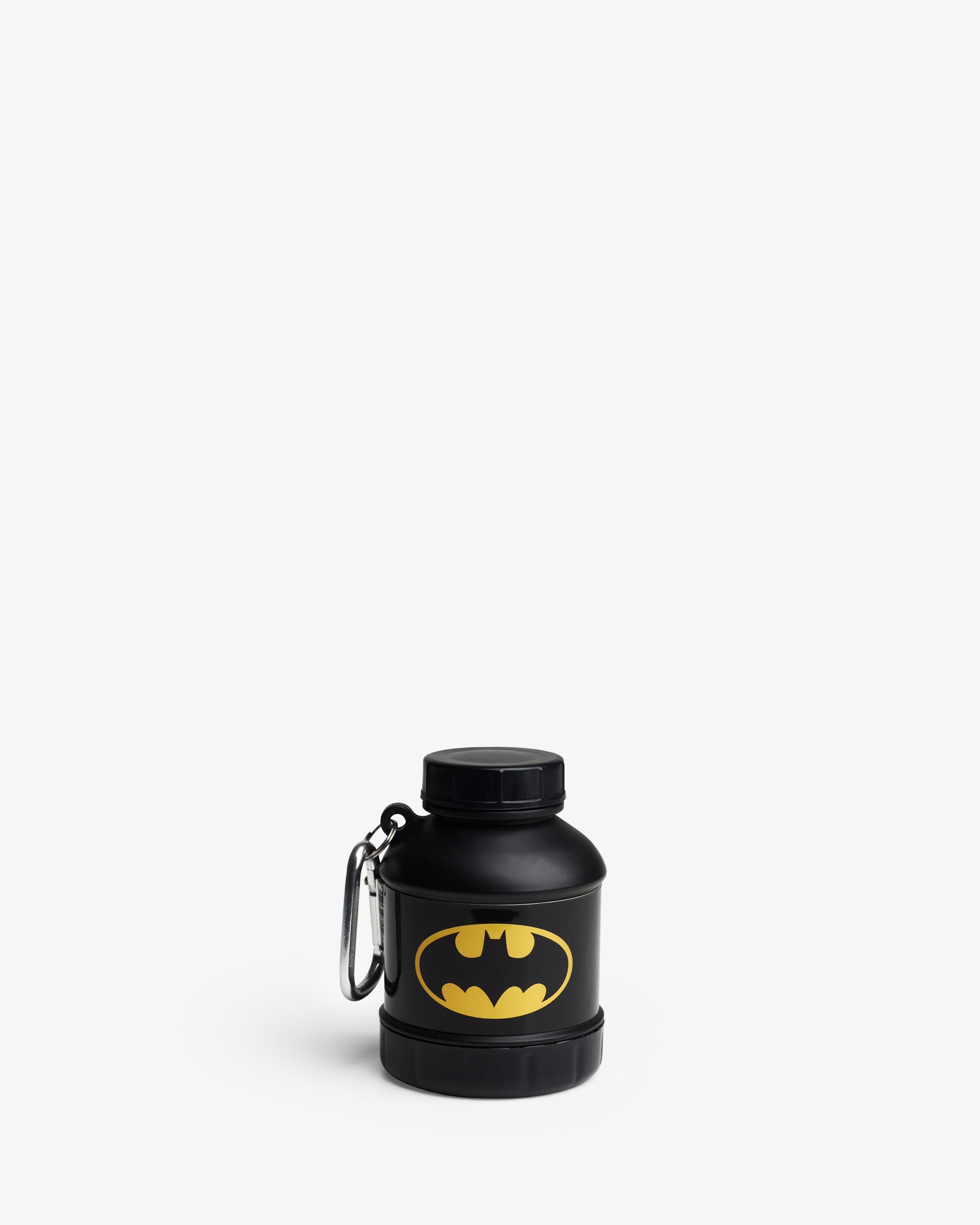 A black portable supplement funnel with a Batman logo, equipped with a clip for attaching to a bag.