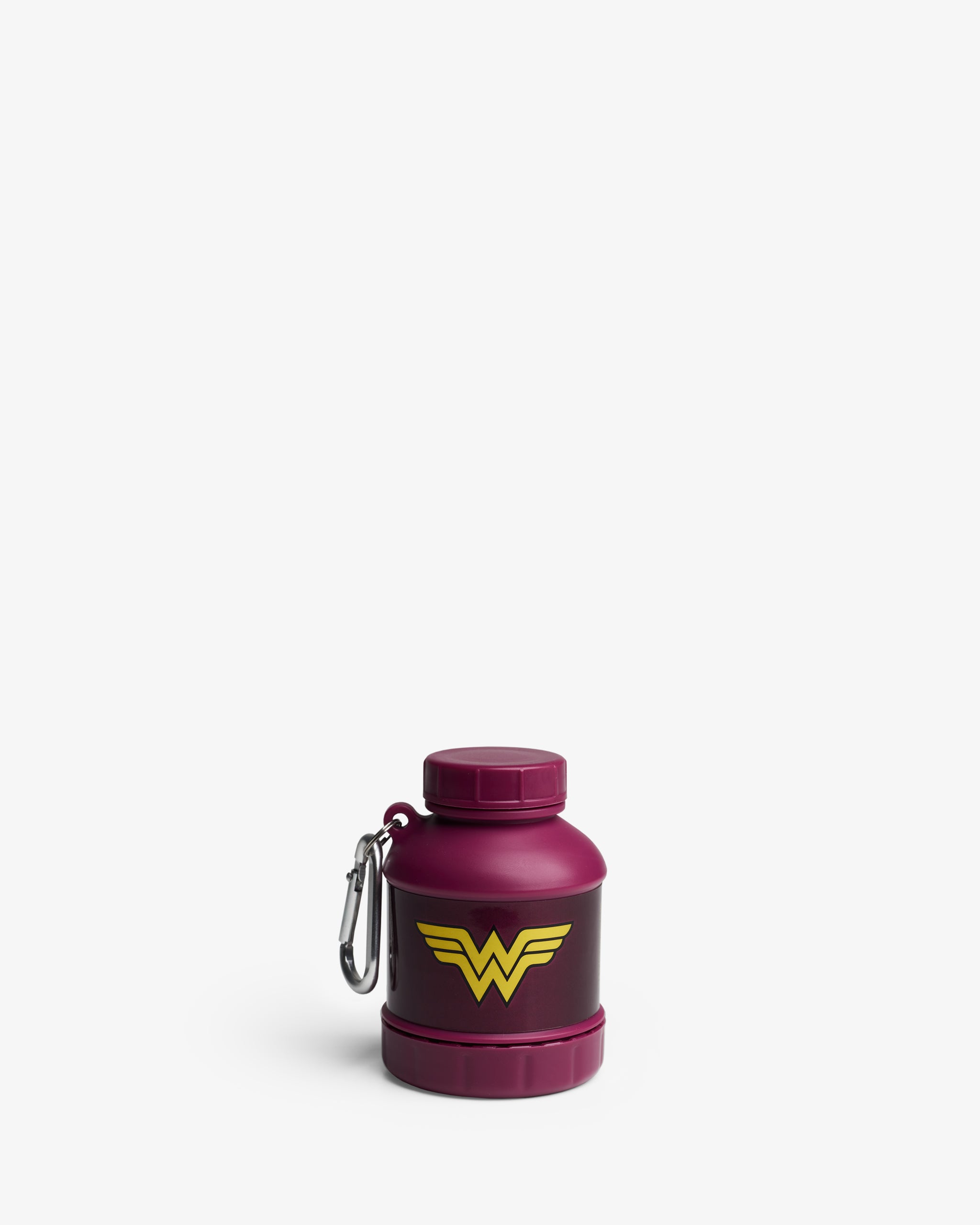 A purple Whey2Go Funnel with a Wonder Woman logo on it, designed as a portable supplement container and funnel.